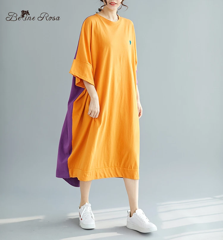 Платья-рубашки из хлопка BelineRosa, Платье-футболка большого размера в корейском стиле, летом,размер 48 50 52 54 56 58 60, XE000038