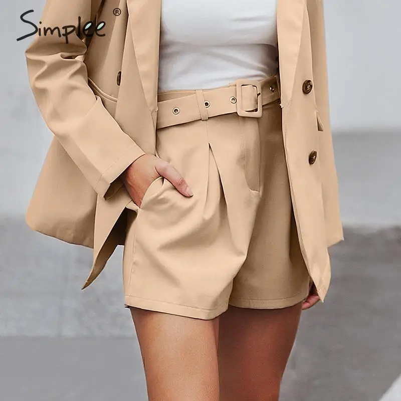

Simplee Casual sash belt women shorts Elastic waist blazer short pants Streetwear solid soft office ladies bottom shorts 2019