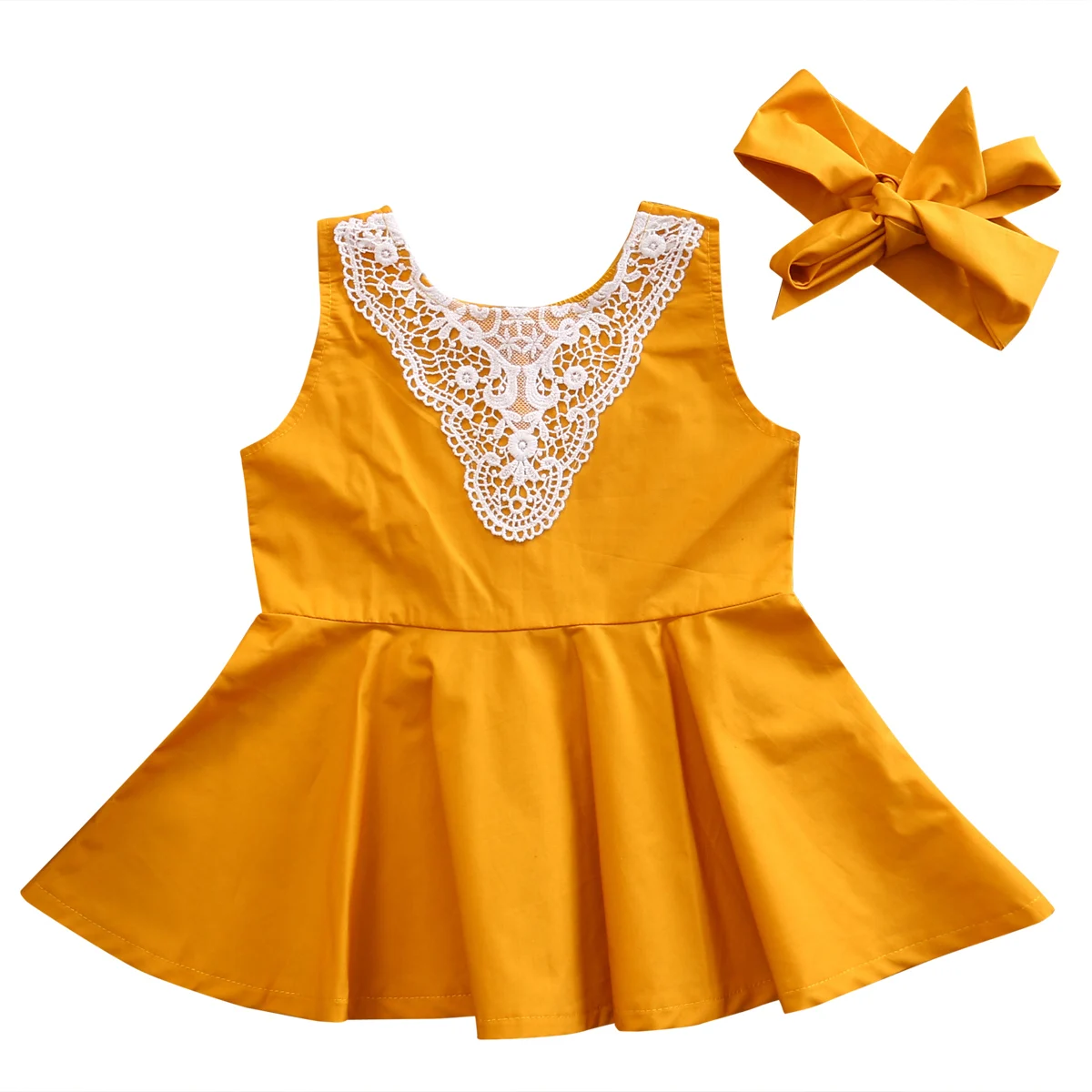 Infant Kids Baby Girl Dresses Sleeveless Lace Yellow Party Gown Dress