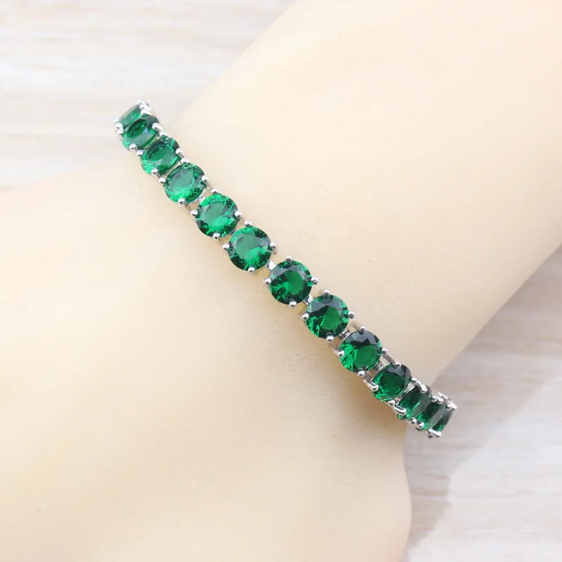 Unique 925 Sterling Silver Round Green Zircon Jewelry Sets For Women 4PCS Earrings/Pendant/Necklace/Bracelet/Ring Size T13