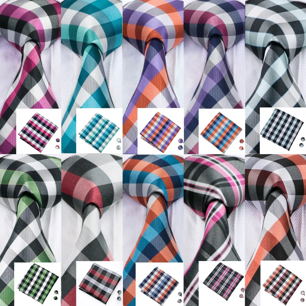 

11 Styles Men's Necktie Plaids Silk Tie Cufflinks Hanky Sets Ties for mens gravata For Wedding Party Business Barry.Wang
