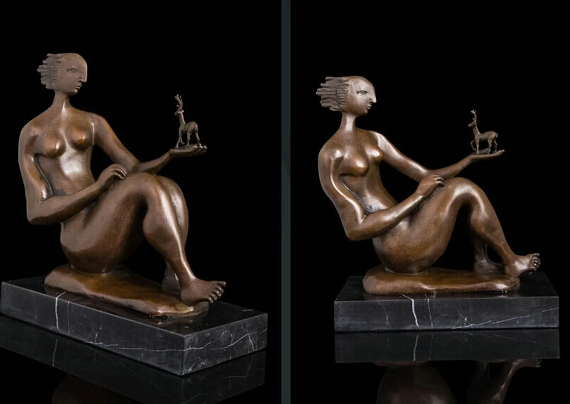 

Art Deco Sculpture Nude Woman Hold Buck On Hand Abstract Bronze Statue Signed R0713