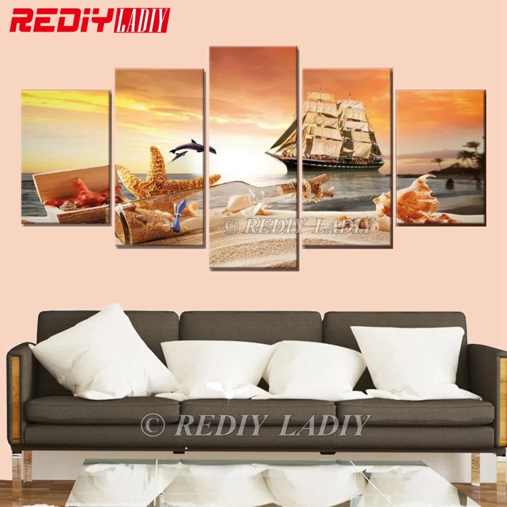 

REDIY LADIY Diamond Mosaic Triptych Crystal Full Square Diamond Embroidery 5 Panels Modular Picture 5D Diamond Painting Sailboat