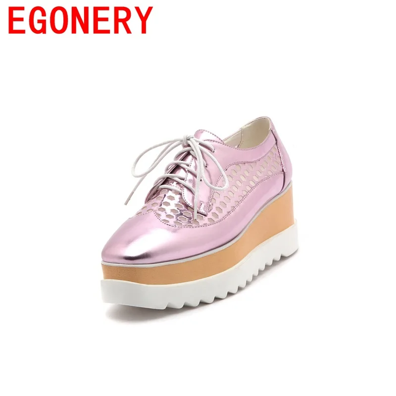 

EGONERY square toe hollow out lace-up platform thick woman shoes casual pu breathable footwear comfortable spats spring shoes