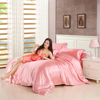 

HOT! 100% Pure Satin Silk Bedding Set,Home Textile King Size Bed Set,Bedclothes,Duvet Cover Fitted Bed Sheet Pillowcases Bedding
