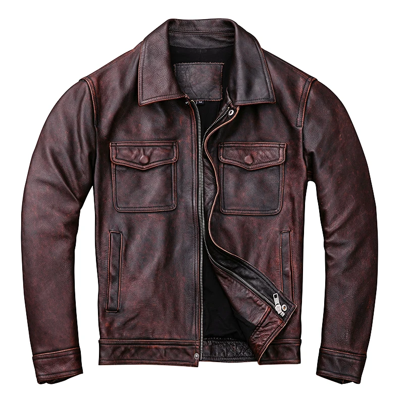 

HARLEY DAMSON Vintage Brown American Casual Style Leather Jacket Plus Size XXXXL Genuine Cowhide Spring Natural Leathre Coat
