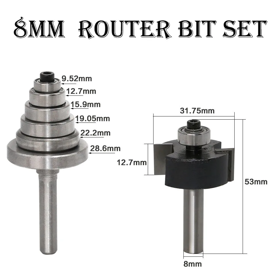 

Woodworking Tool 8mm Engraving Trimming Tenon Router Bit 1pcs Rabbet Milling Cutter with 6 Bearings Set 81210
