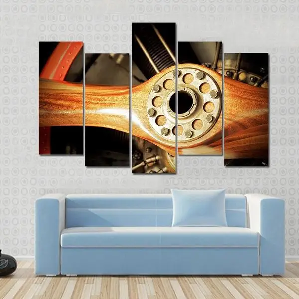 5 panels landscape vintage wooden aircraft propeller and engine