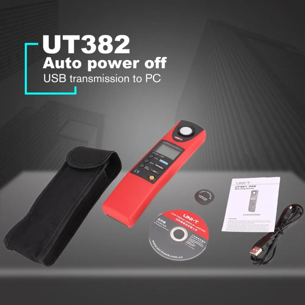 

UNI T UT382 Digital Luxmeter Light Meter Lux/FC Meter Auto range 1999 count Luminometer 20,000 Lux Data storage USB interface