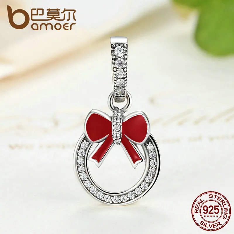 BAMOER Christmas Gift 925 Sterling Silver Christmas Wreath Red Bow Knot Pendant Charms fit Women Bracelets Fine Jewelry SCC077