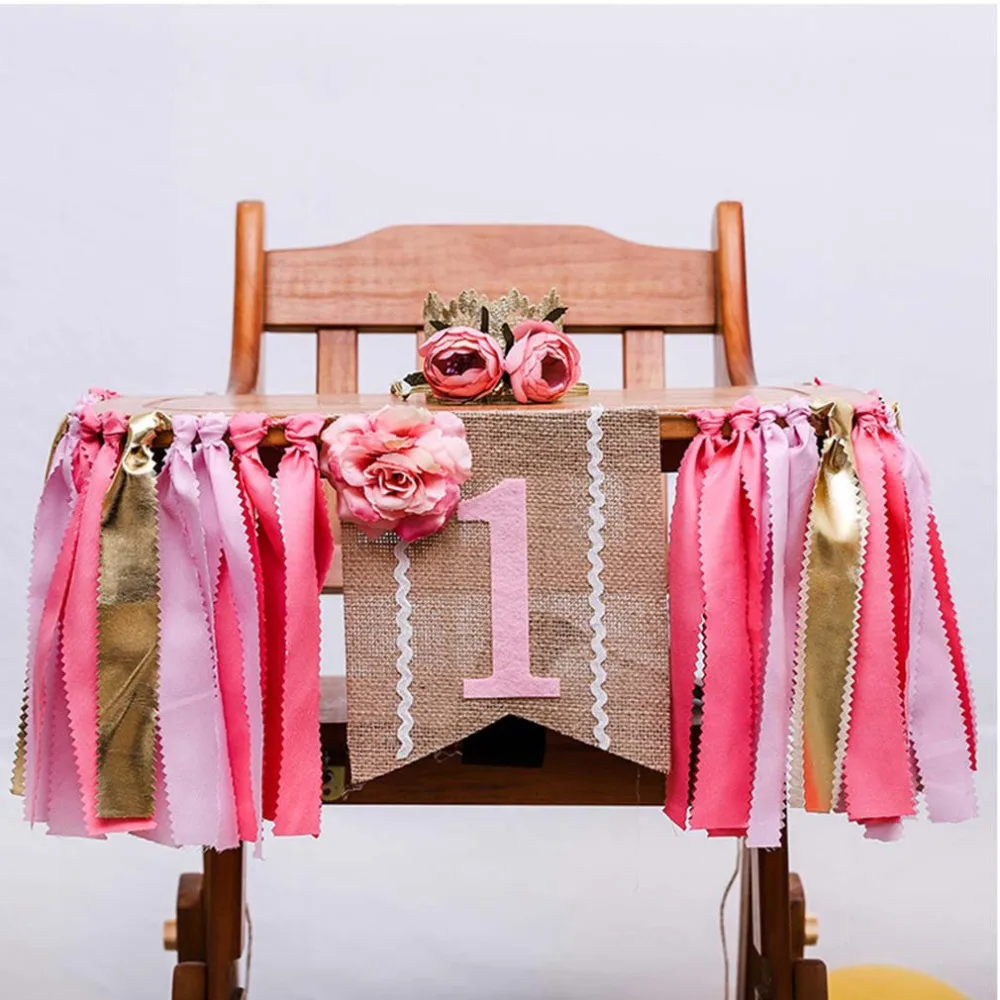 

2019 High Quality Baby First Birthday Pink Chair Banner ONE Year 1st Birthday Party Decoration Boy Girl Bunting Supplies