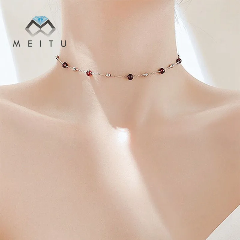 

S925 Sterling Silver Red Garnet Clavicle necklace Wedding Dancing party Necklace For Girlfriends Jewelry Accessories N-74