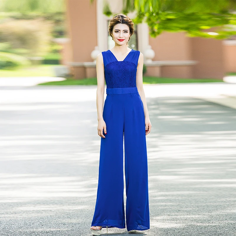 

2017 Sexy Summer Jumpsuit Party Overalls Rompers Chiffon Elegant Sapphire Blue Full Length Lace Bodysuit Plus Size S M L XL
