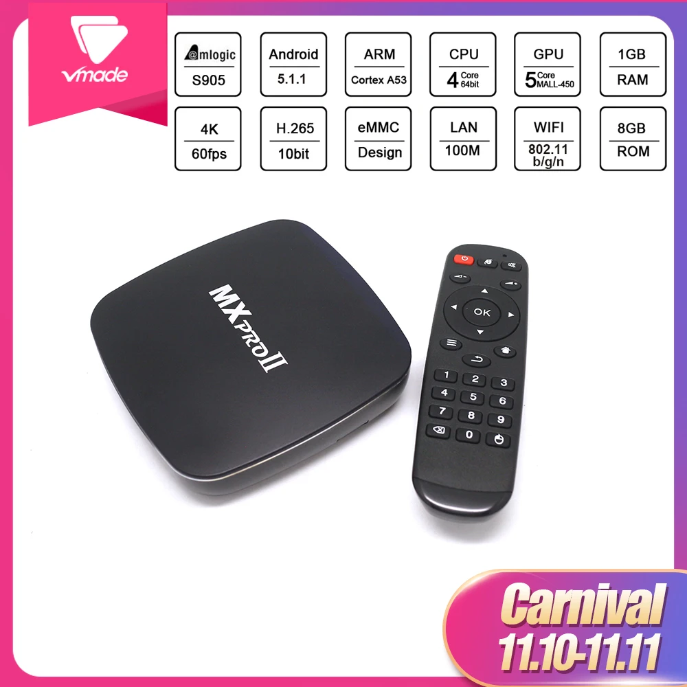 

Vmade Mxpro II Mini TV Box Amlogic S905 Quad Core Android 5.1.1 OS H.265 1GB 8GB MPEG-4 Bluetooth 4.2 Smart Android Media Player