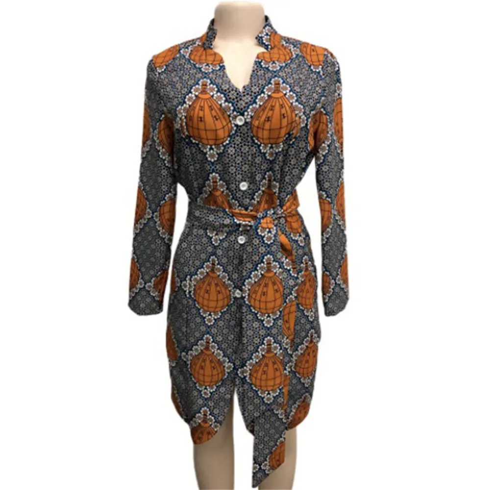 BAIBAZIN Новые африканские платья для женщин v-образным вырезом печати талии ремень платье с длинными рукавами женские Нерегулярные платье средней длины - Цвет: Черный