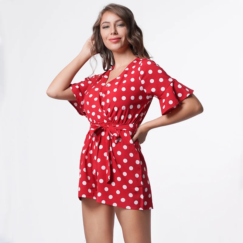 

Elegant Dot Sashes Loose Short Jumpsuit Women Sexy V Neck Belt Beach Vacation Jumpsuit Summer Casual Mono Mujer Overalls 2019