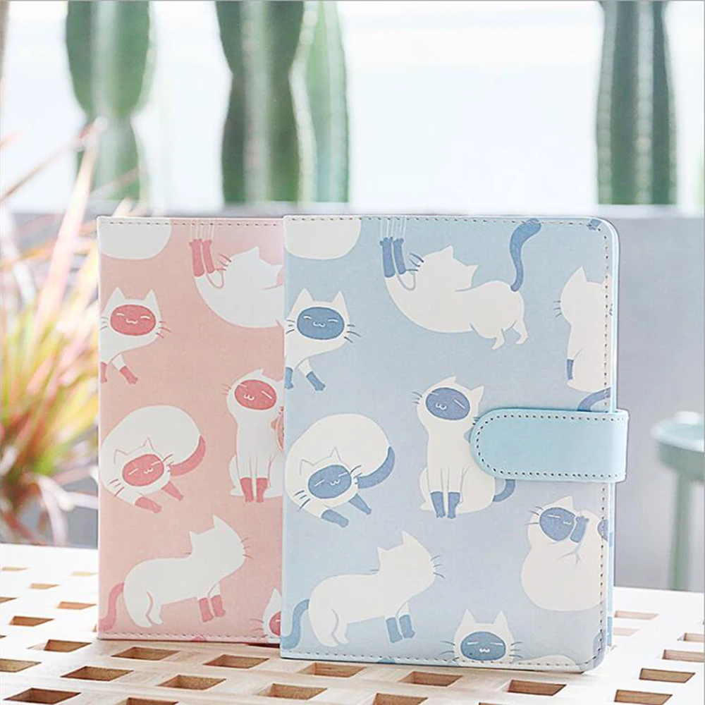 

White Cartoon Cat Leather Notebook With Line Grid Blank Multi-functional Inner Pages Office School Stationery Cute Planner Book