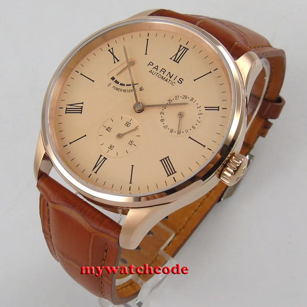 42mm parnis rose pink dial power reserve ST1780 date automatic mens watch P944B 42mm parnis rose pink dial power reserve ST1780 date automatic mens watch P944B
