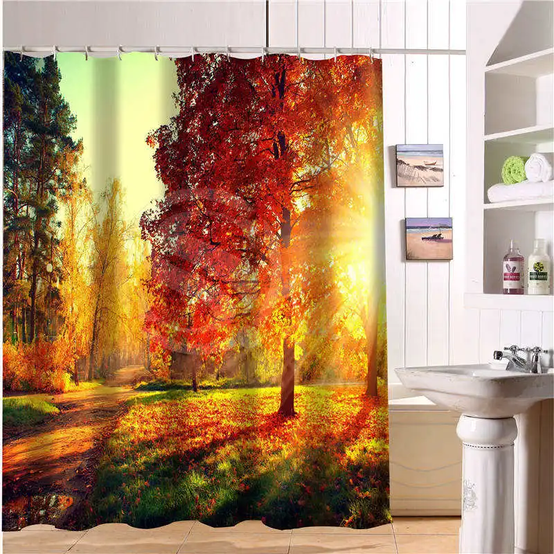 Занавеска для душа с принтом деревьев заката Листьев дороги природного