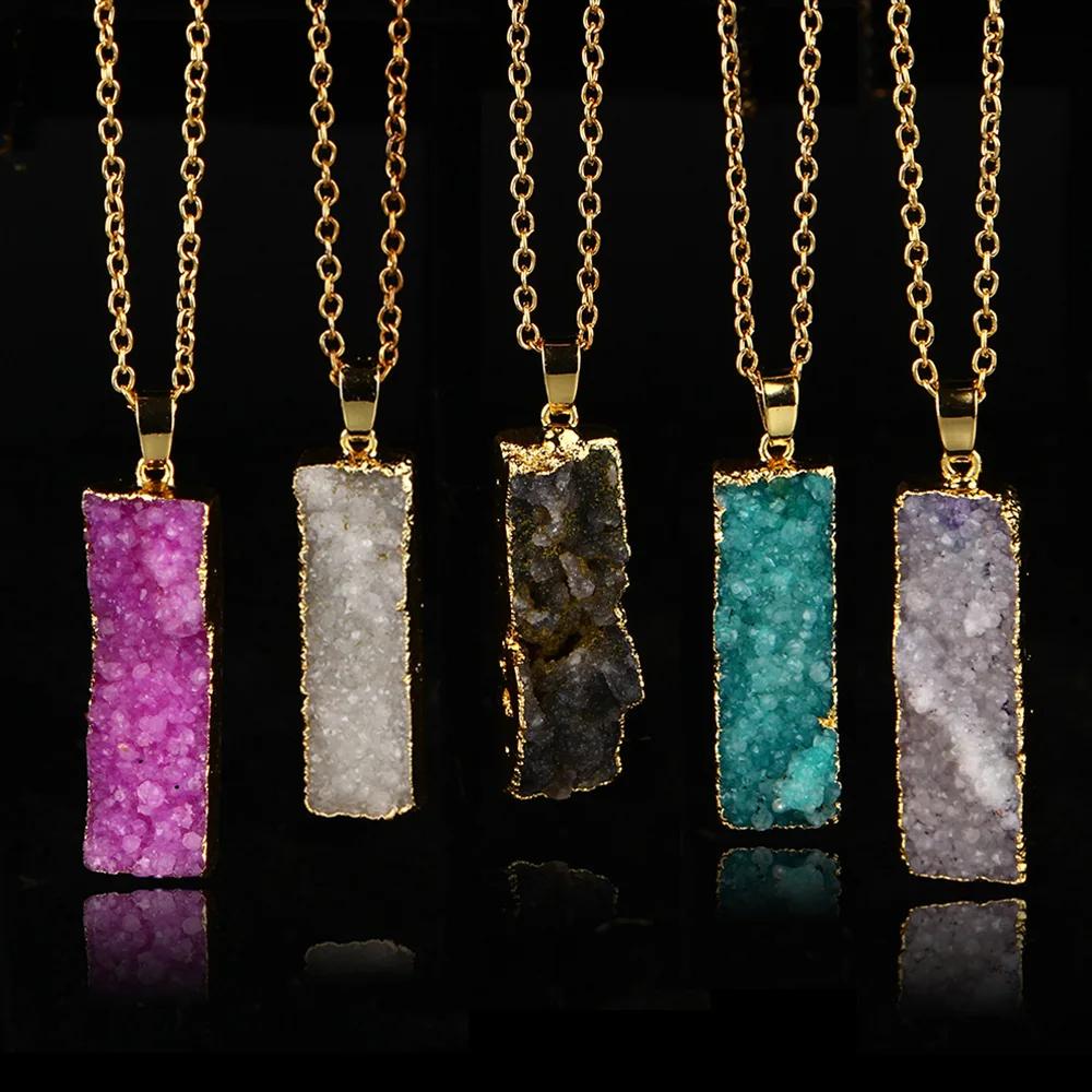 

New2017 hot summer 3PCS Gold Color Chain rectangle irregular Natural stone crystal necklace