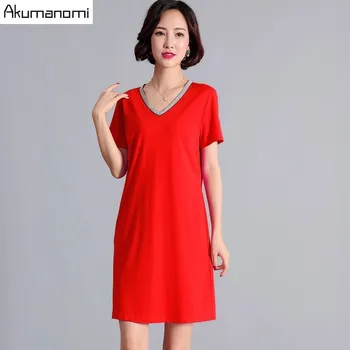 

Summer Dress Women 2019 Plus Size Red Beading V-neck Short Sleeve Pocket Mini Party Dress Free Shipping Vestidos Verano Jurken
