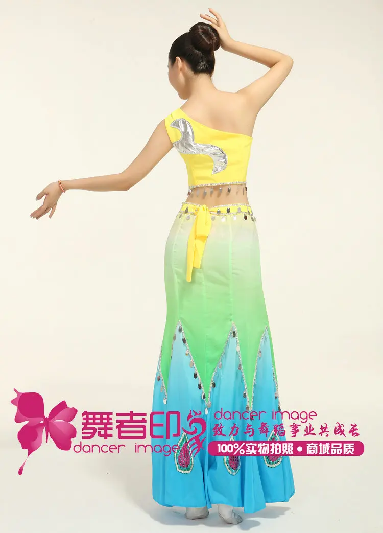 Disfraces новые женские этнические костюмы павлина Китайский народный танец одежда женский Таиланд для представления шлейф с блёстками платье