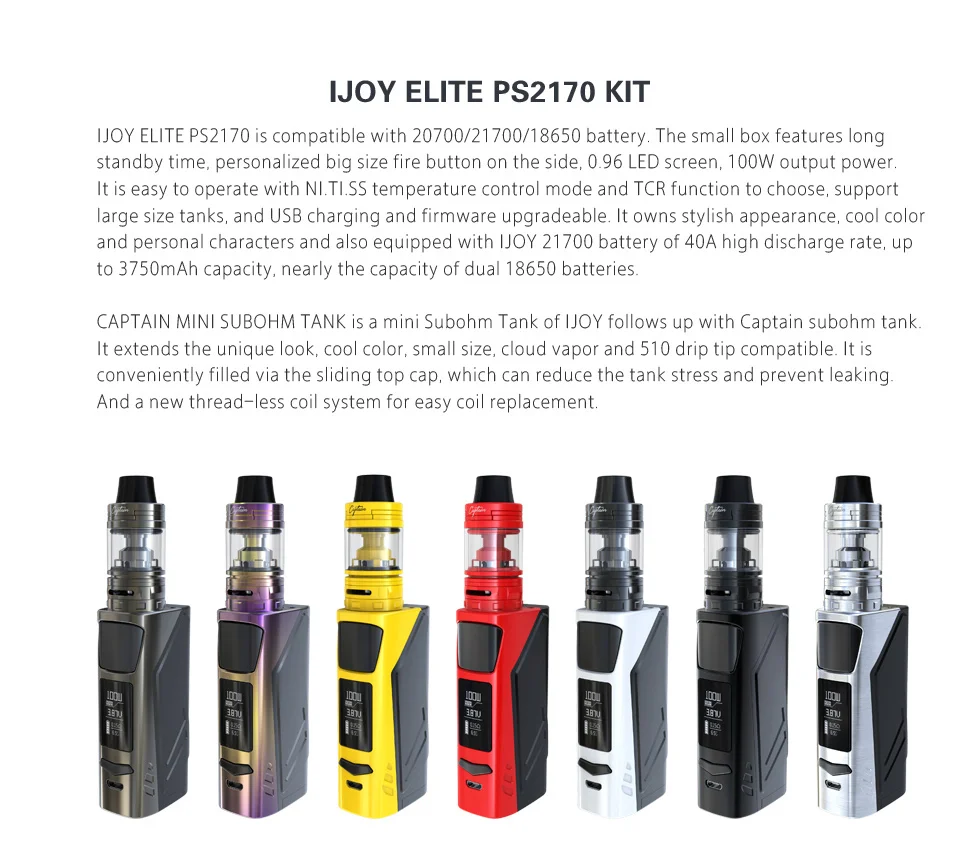 Original IJOY Elite PS2170 Kit 100W E Cigarette Box MOD Elite PS2170 Vape and 3.2ml Tank with CAM1 Coil and 21700 Battery 09