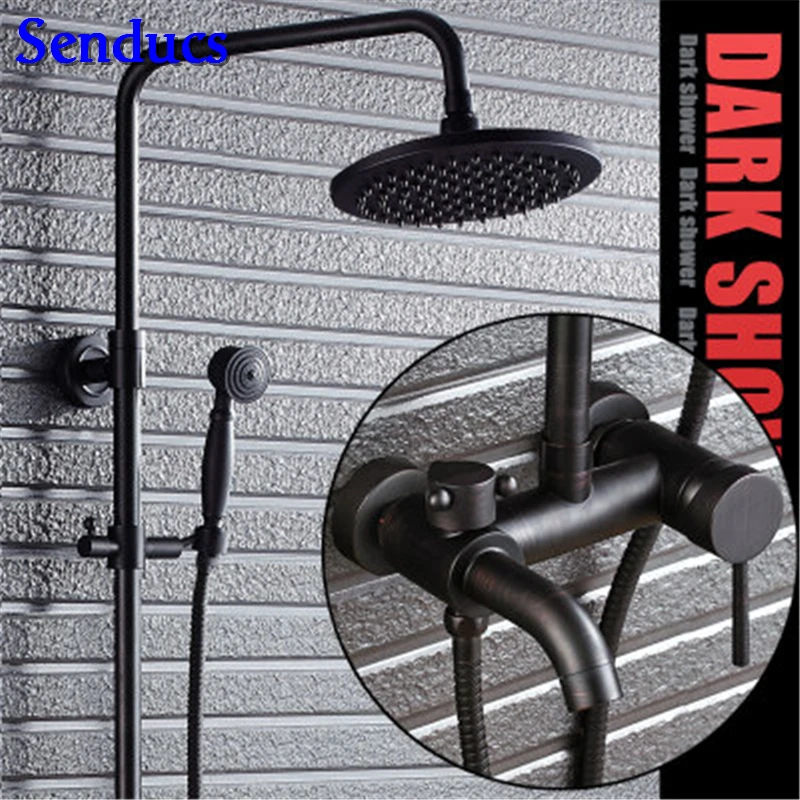 

Senducs Black Bronze Shower Set Single Handle Brass Bathroom Shower Faucet European Style Rainfall Black Shower Set