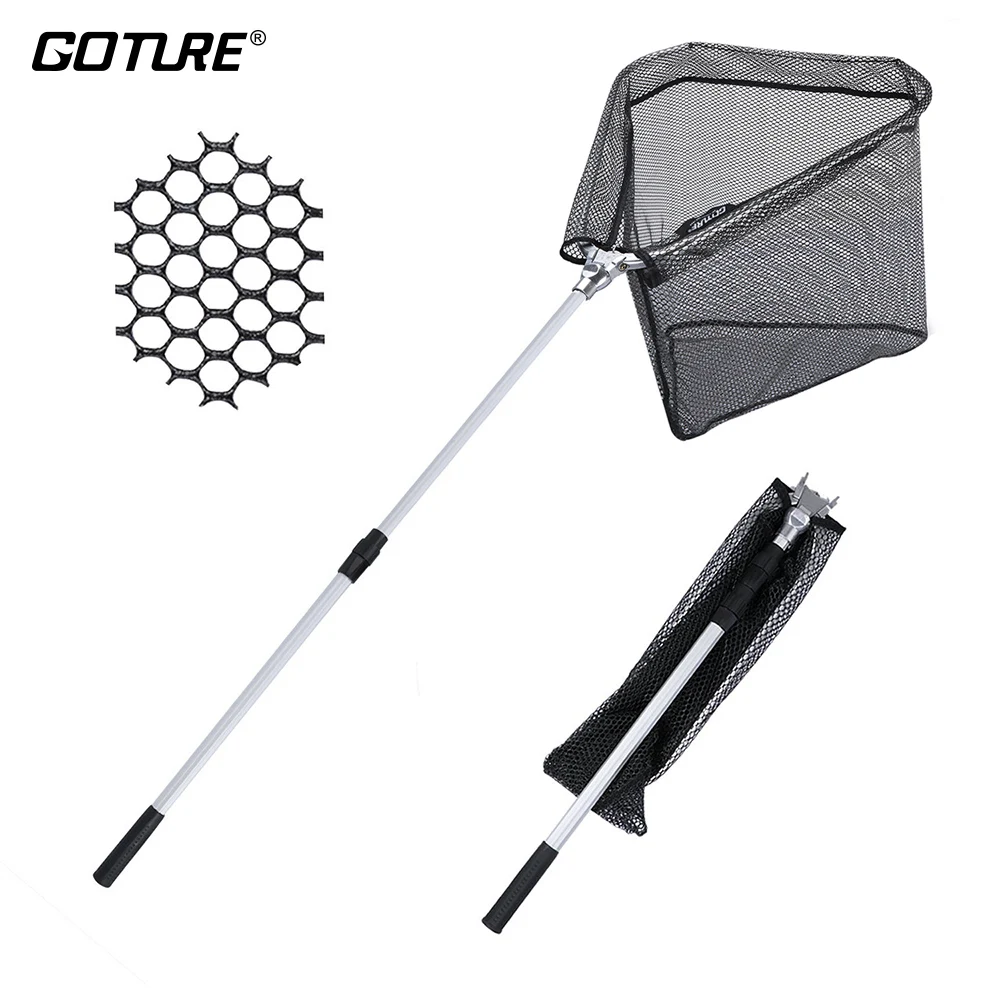 Goture Fishing Net 150cm/210cm Landing Net Triangular Folding Net 2/3 Sections Telescoping Pole Rubber Coated Net Network