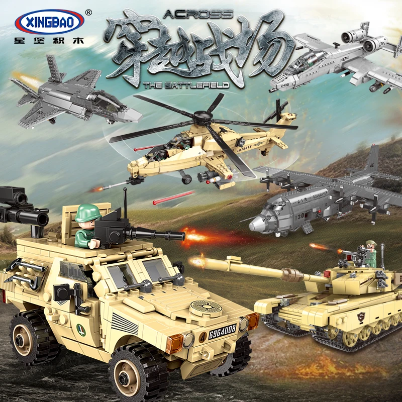  Compatible Legoing XingBao MOC Military Series Across the battlefield Tank Helicopter Conveyor Toys