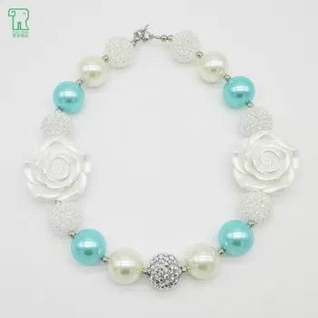 

White Rose Flower Chunky Bubblegum Beads Necklace For Kids Free Shipping