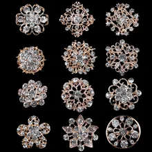 combo of 12 pieces Gold Plated and Clear Diamante Flower Shape Small Brooches or Scarf Hat Lapel Pins