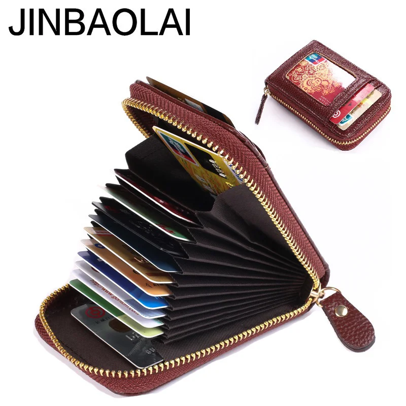 JINBAOLAI New Bank Credit Card Holder Soft Leather Wallet Unisex Zipper Coin Pocket Fashion