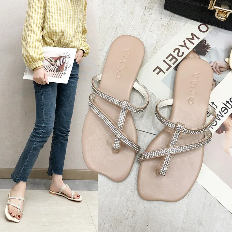 

2019 Summer Fashion Women Sandals Flip Flops Slippers Flats Shoes Rhinestone Woman Slides Slip-on Beautiful Lady Casual Shoes