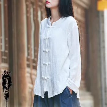 

2020 New Arrival Women Fashion Spring Autumn Long Sleeve Stand Collar Chinese Style High Low Cotton Linen Shirt Ladies Top