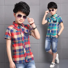 Рубашки с короткими рукавами для мальчиков от 3 до 16 лет летняя рубашка для больших мальчиков студенческое платье повседневные детские блузки в клетку с отложным воротником