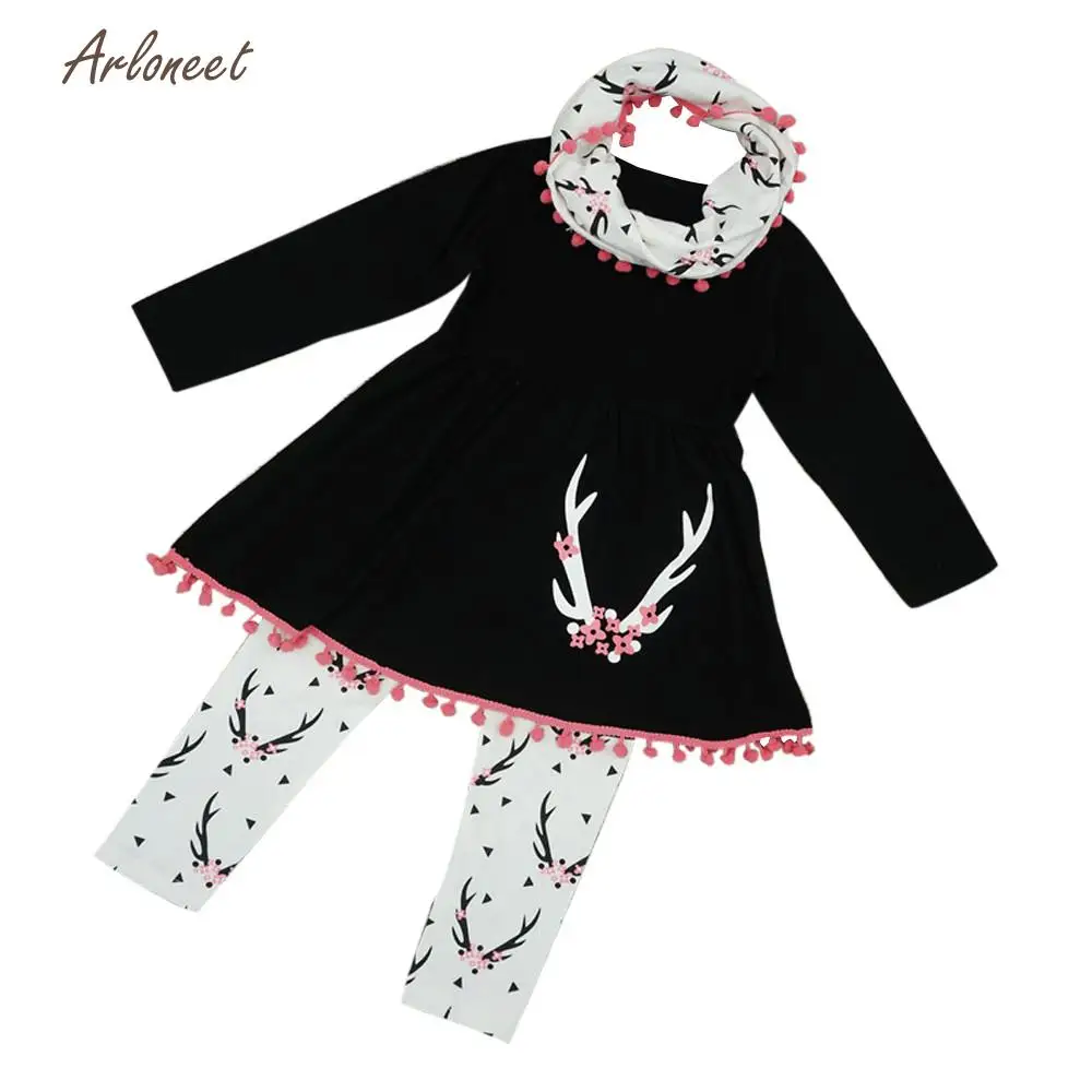 Arloneet детская одежда модные комплекты одежды для девочек дикой природы Туника Брюки шарф одежда, 3 предмета в комплекте Детские комплект