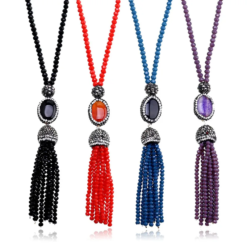 

Handmade Bohemia Styel Natural Stone Beads Tassel Pendant Necklaces Long Chain Crystal Sweather Necklaces For Women
