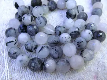 

wholesale 2strands 4-16mm Natural Rutilated Quartz Beads Round Ball Faceted white Black Rutile quartz Loose Beads