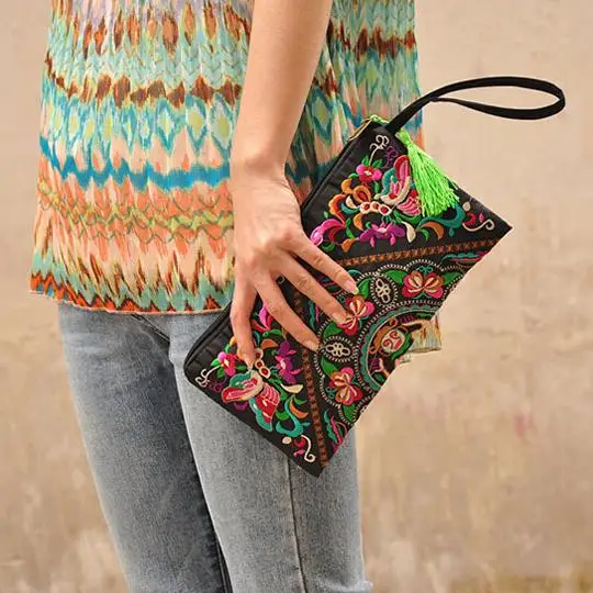Новый Для женщин бумажник вышивать кошелек сцепления мобильный телефон мешок монет-бабочка цветок
