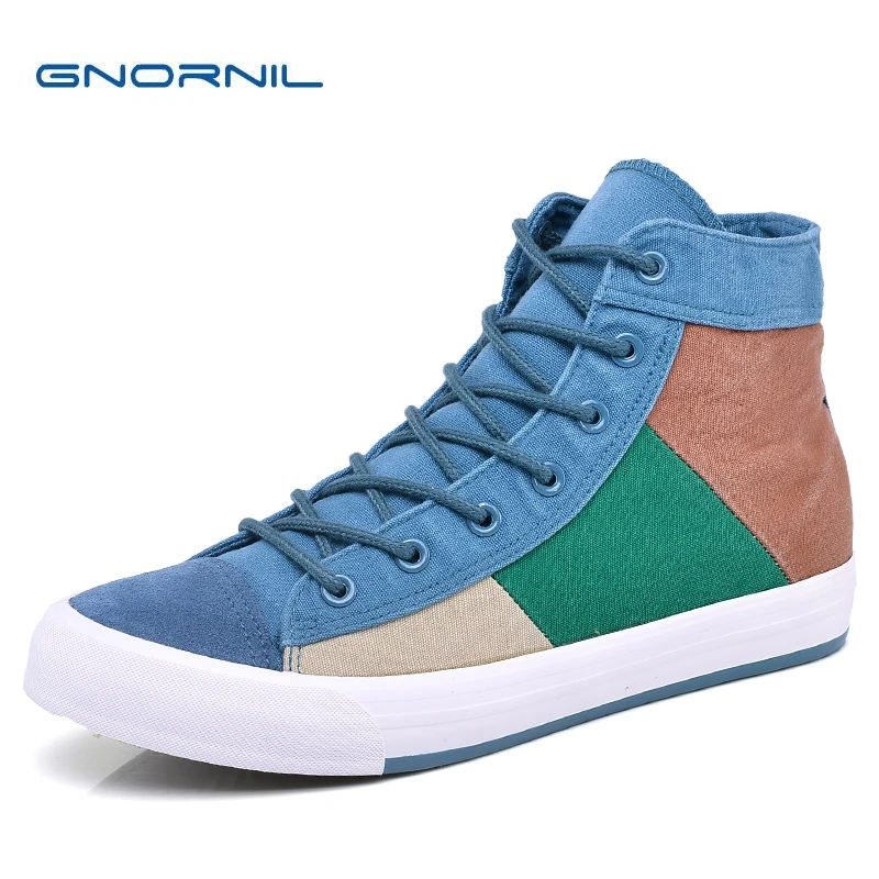 

GNORNIL Color Block Design High Top Men Casual Shoes Summer Boots Size 38-44 Breathable Boys Fashion Canvas Shoes Flats 3 Colors