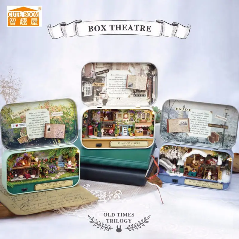 

Cuteroom Old Times Trilogy Wooden DIY Handmade Box Theatre Dollhouse Miniature Tin Box With LED Decor Gift For Children