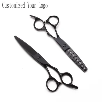 

C9122 6" 17cm JP 440C Customized Logo Black Hairdressing Scissors Cutting Scissors Thinning Shears Willow Leaf Shape Hair Shears