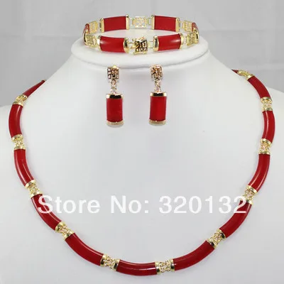 

beautiful Red Jade Fortune Link Bracelet Necklace Earring Set wholesale 18K gold plated Jewellery sets free shipping