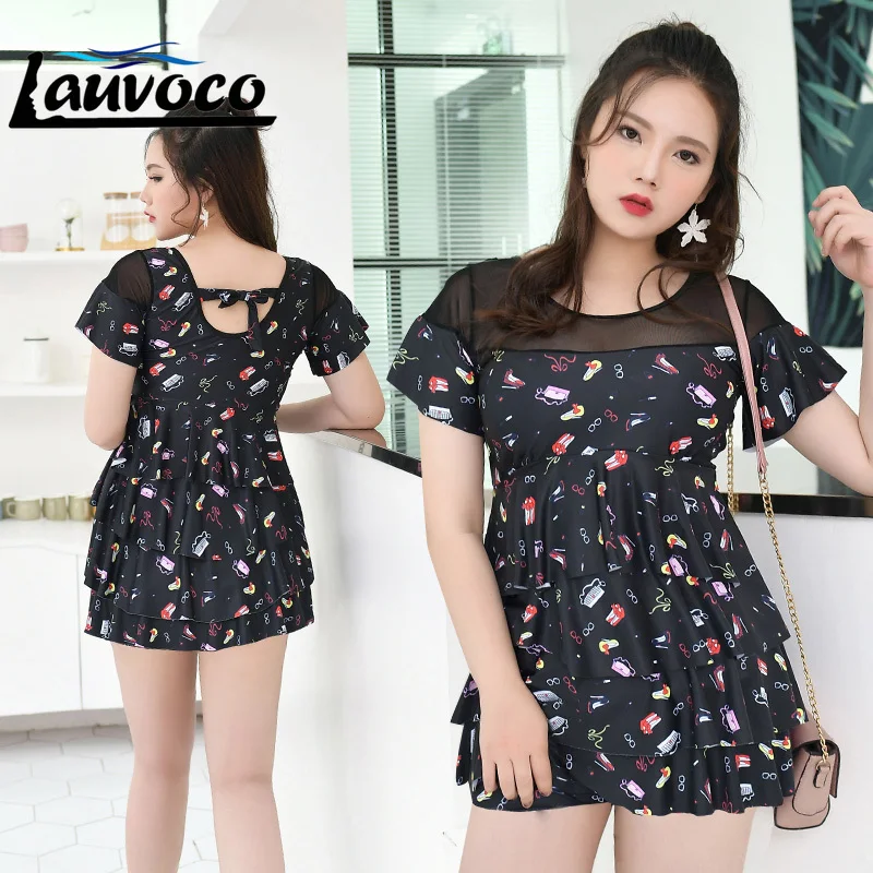 

Plus Size Women Two Pieces Swimwear Short Sleeve Mesh Swimsuit Bandage Swimdress Boxers Big Size Bathing Suit 4XL Girls Swimsuit