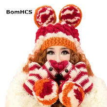 BomHCS шапочка и перчатки и шарф милые большие уши женская зимняя теплая вязаная шапка ручной работы варежки шейный платок