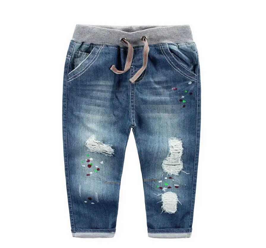 Y213432438 новые модные джинсы для мальчиков однотонные штаны для мальчиков с потертостным принтом детская одежда из денима с эластичной резинкой на талии детские штаны