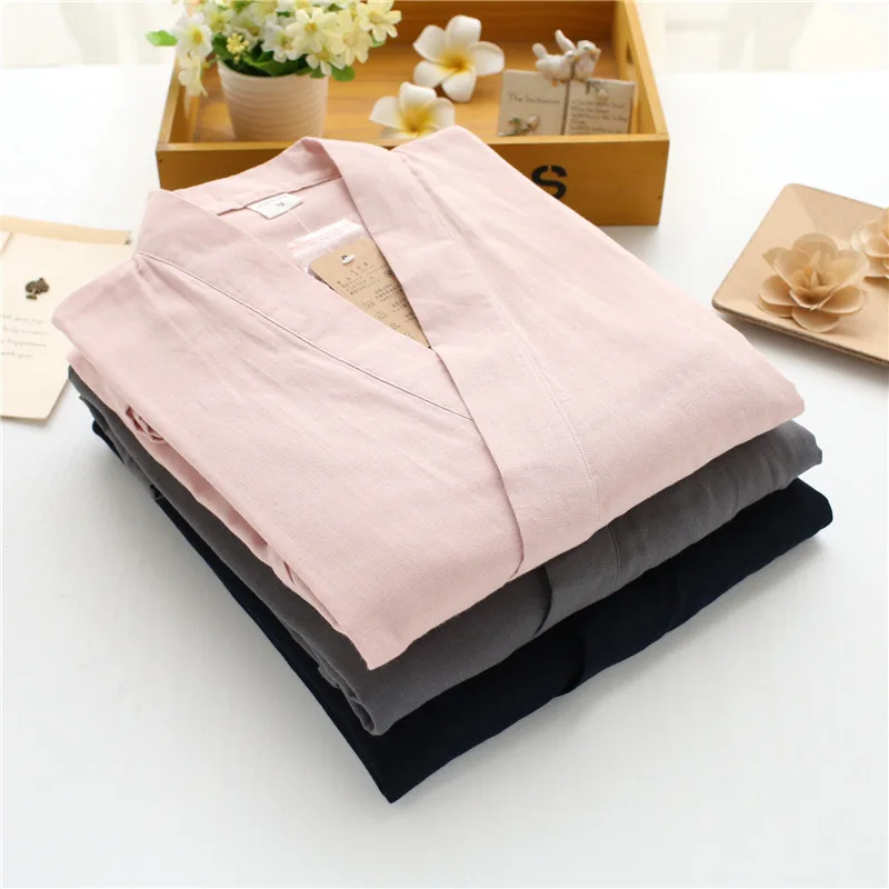 New 100% Cotton Men Japanese Pajamas Sets Simple Kimono Yukata Loose Nightgown Sleepwear Bathrobe Leisure Wear Lover Homewear