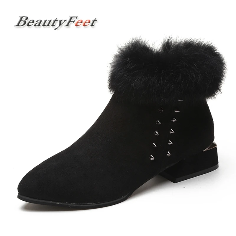 

Sexy Women Boots Winter Med Heels Ankle Boots Shoes Woman Autumn Short Boots Female Snow Fur Zip Rivet Ladies Boots BeautyFeet