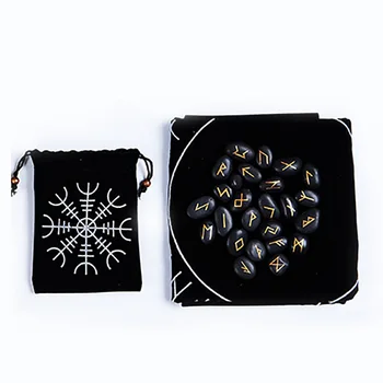 

25pcs/set Runes Stones with BlackTablecloth/Bag Engraved Riverstones Carved Black Lettering Feng Shui Board Game Accessory